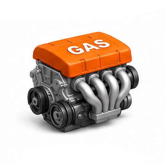 Orange gas engine with silver exhaust pipes on a white background
