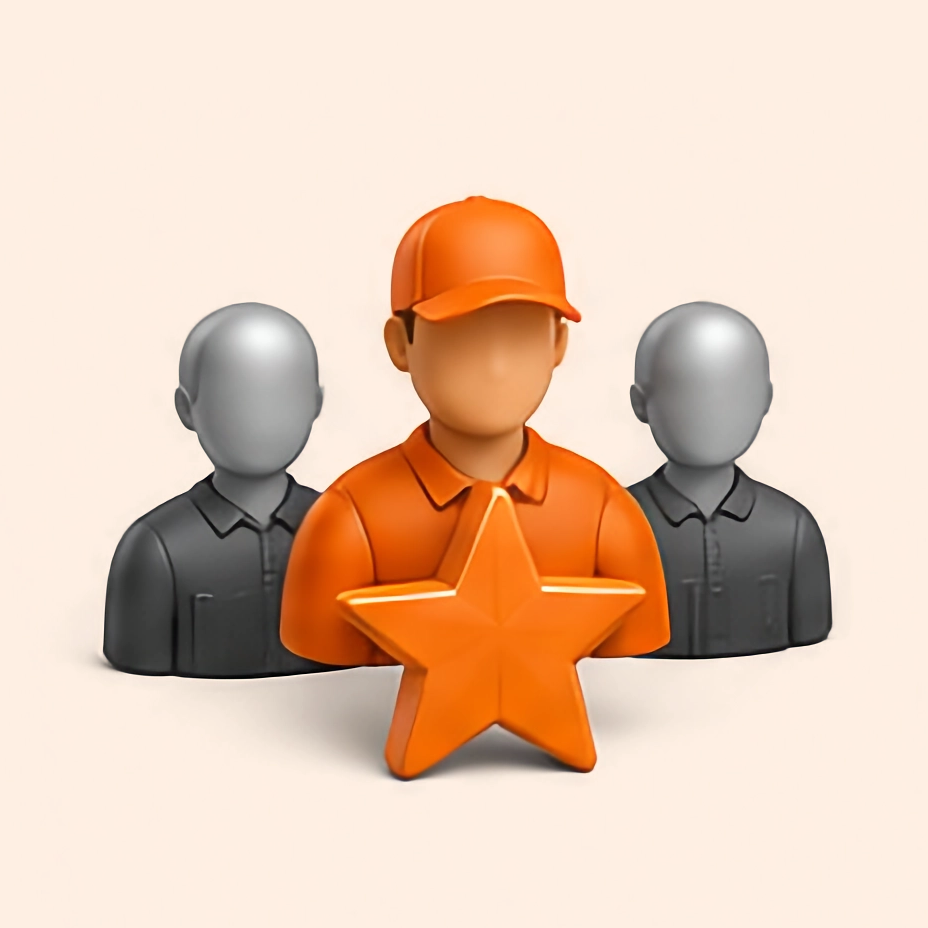 Orange worker icon with a hard hat and star, flanked by two gray silhouettes on a light background