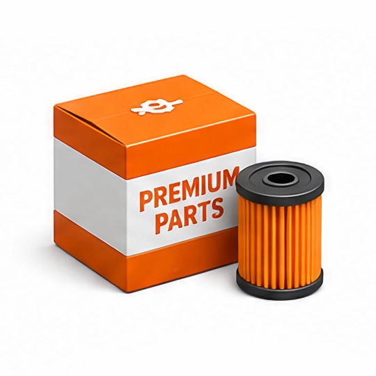 Orange premium parts box beside orange-and-black automotive filter on white background