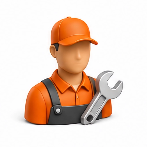 Orange mechanic avatar holding a wrench, wearing cap and overalls, on a white background