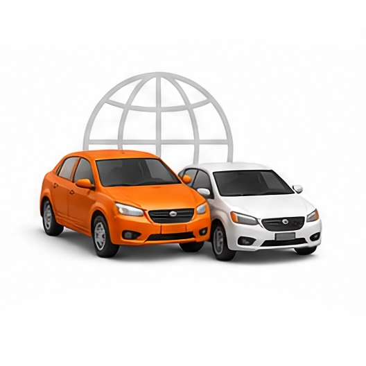 Orange and white cars in front of a globe graphic, suggesting global auto sales or transport network