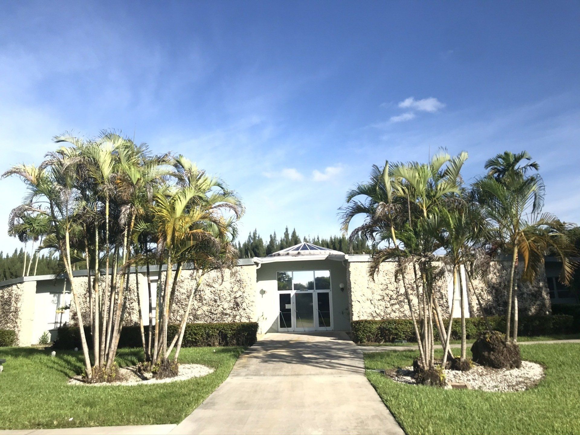 A house with palm trees in front of it and a walkway leading to it.