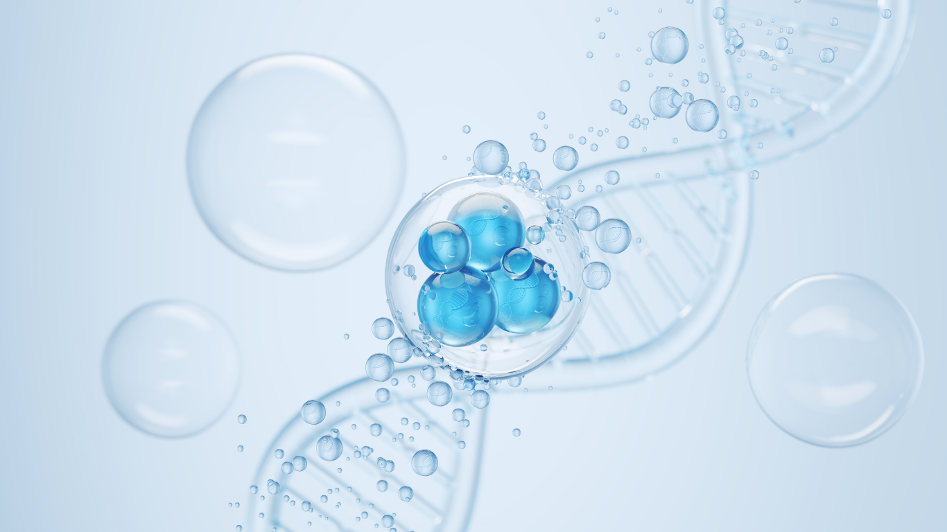 Blue cells and bubbles inside a translucent DNA helix on a light background