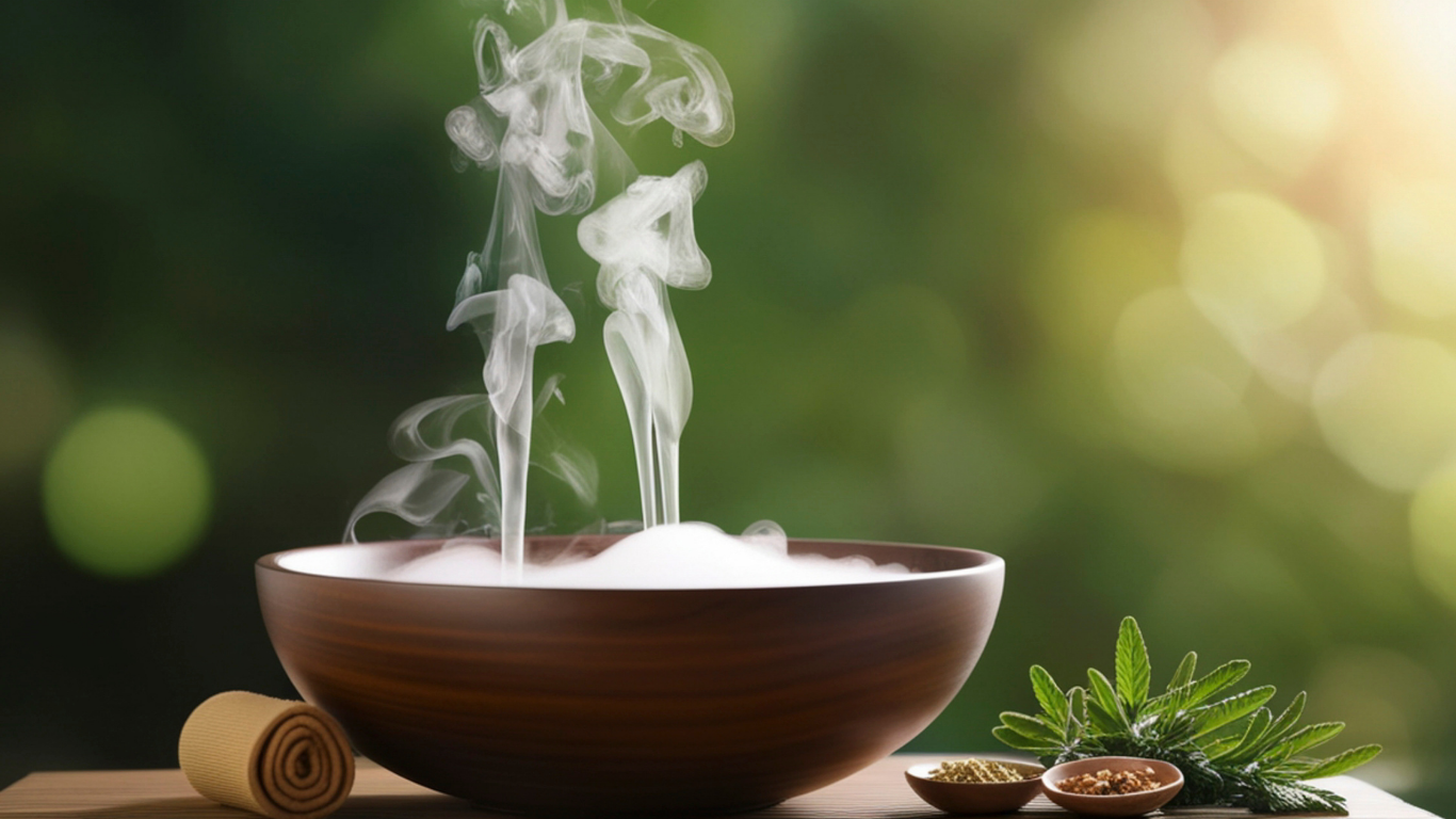 Wooden bowl with steaming spa water, rolled towel, and herbs on a blurred green background