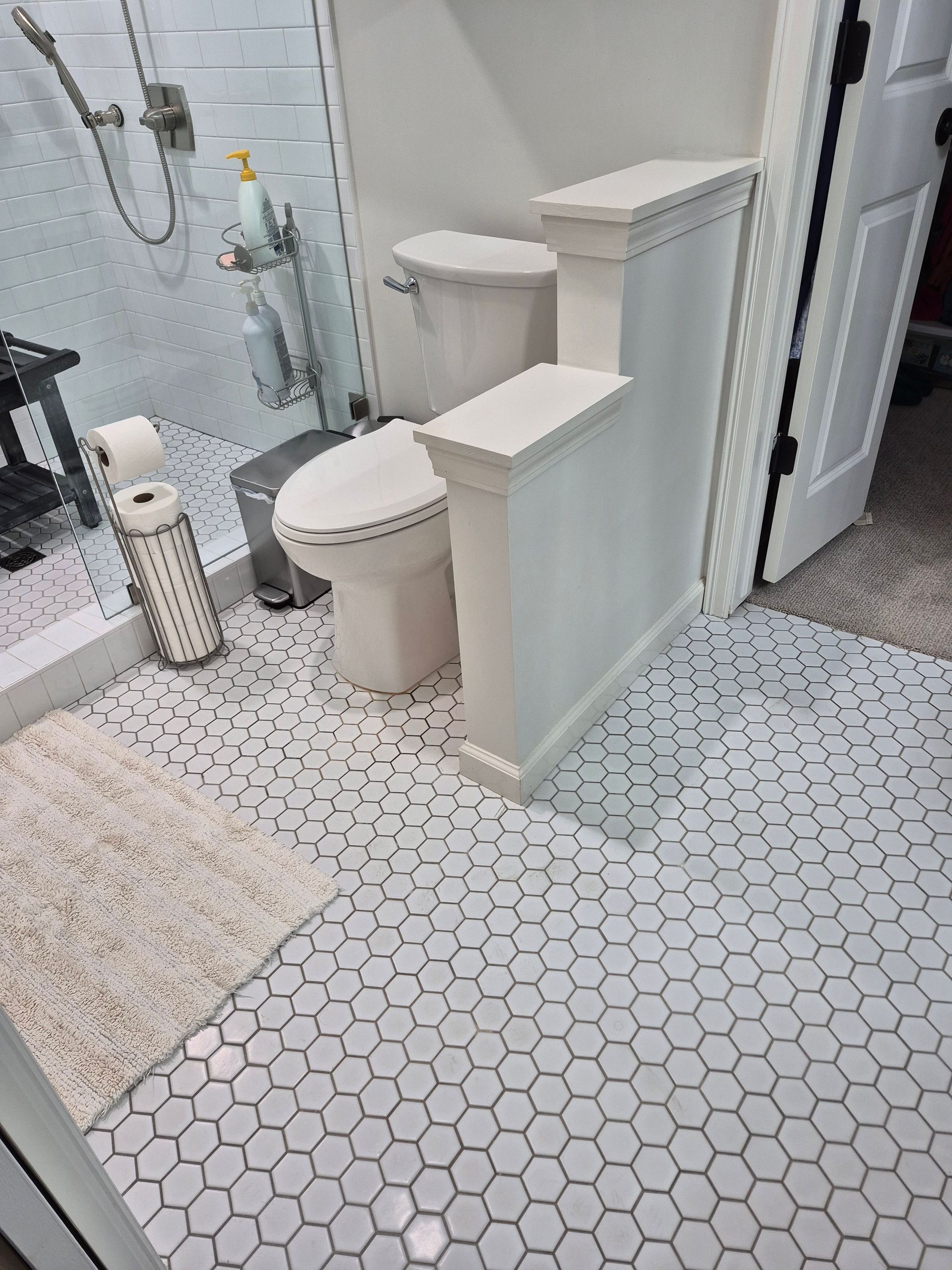 Bathroom with white hexagonal floor tiles, toilet, shower, and decorative white wall.