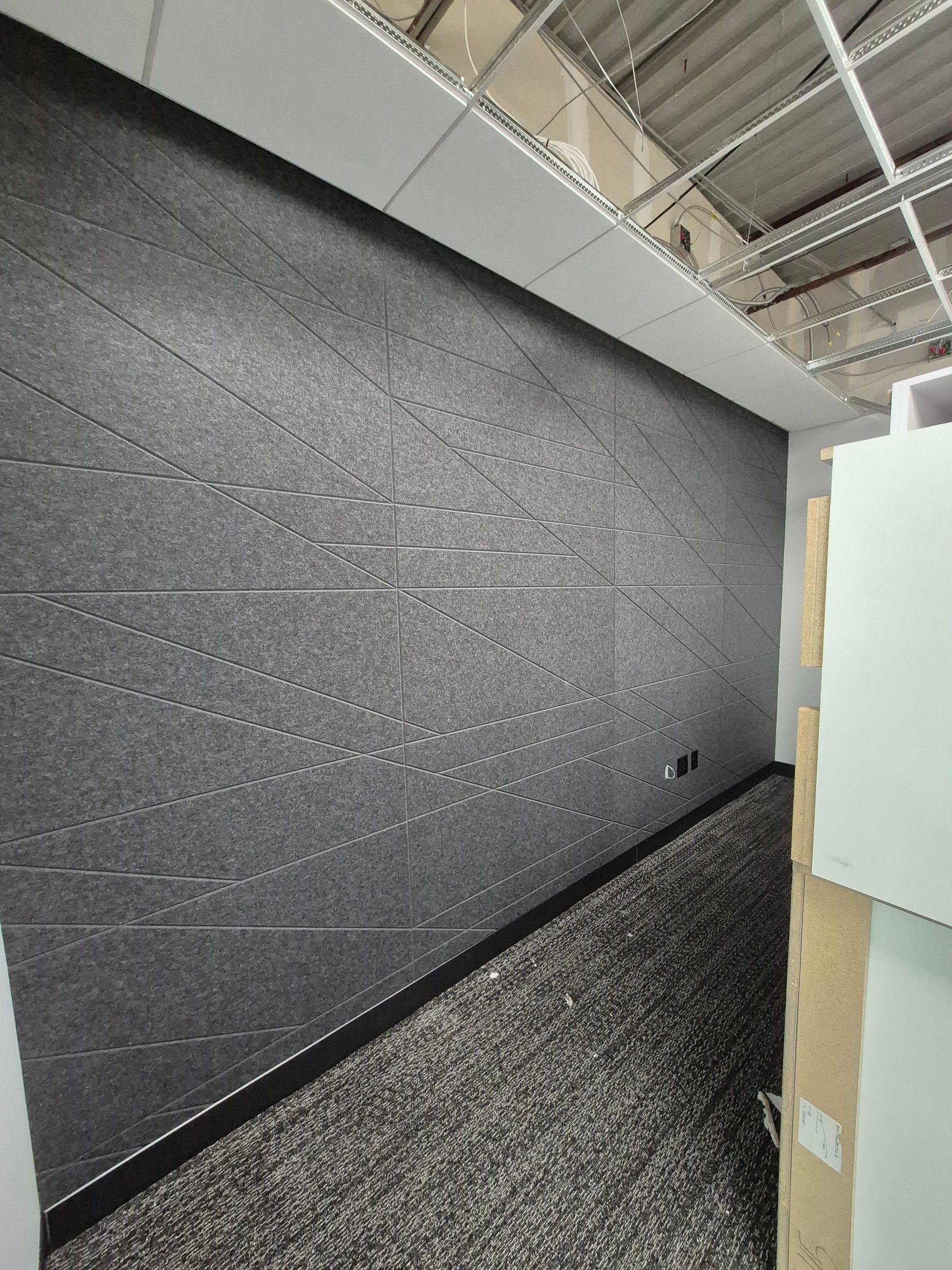 Dark textured wall with angled lines, black baseboard, and gray carpet. White ceiling and unfinished top.