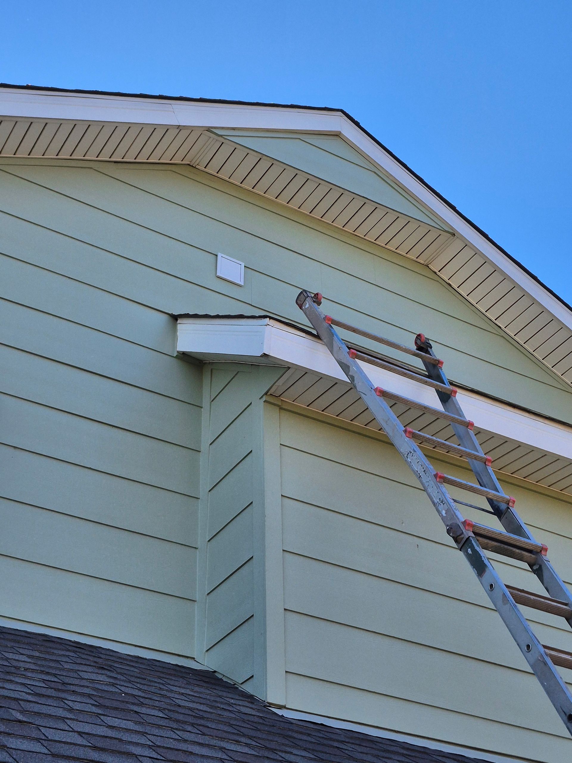Ladder against a light green house with white trim. Clear, blue sky in the background.