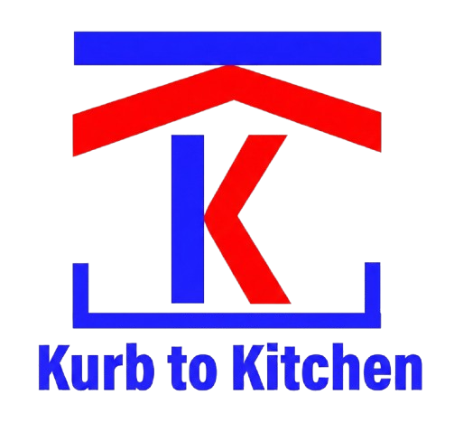 Logo for "Kurb to Kitchen" with blue and red house shape and large letter "K".