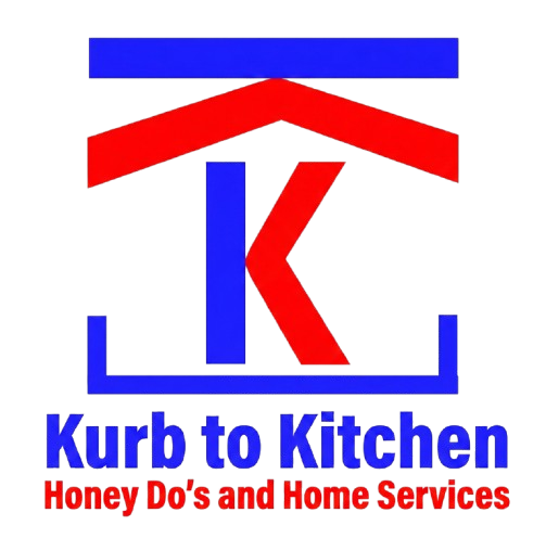 Logo for "Kurb to Kitchen" with blue and red house shape and large letter "K".