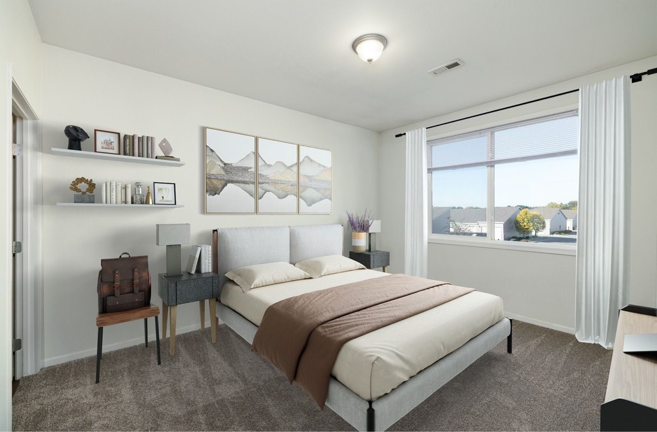 Furnished bedroom in a modern apartment with a queen bed, nightstands, and a large window.
