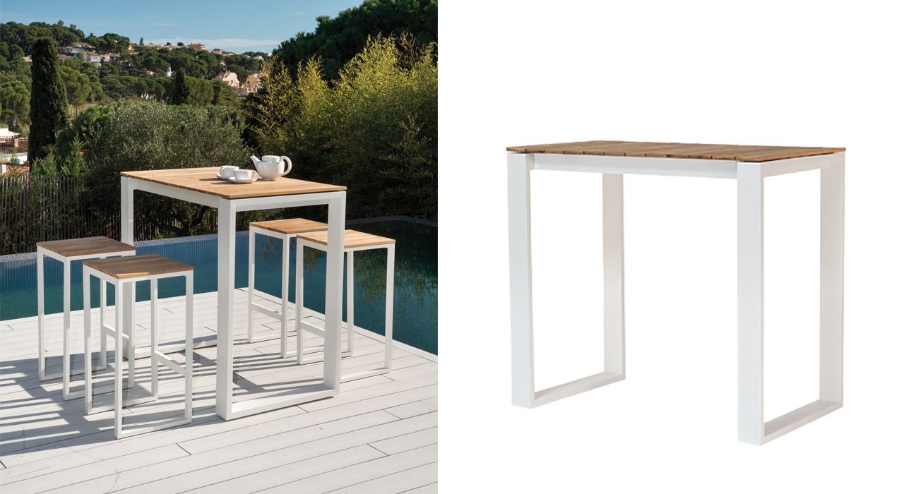 outdoor bar tables in lacquer teak and ceramic for terrace or patio.