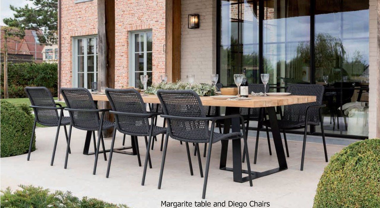 Margarite outdoor dining table and diego dining chairs