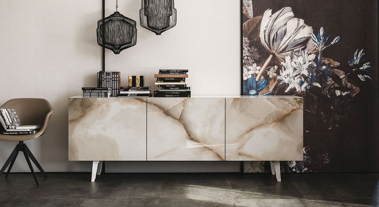 Cattelan Italia Metropol Sideboard in Graphite embossed wood in three finishes, with matching embossed or Titanium legs. 3 Ceramic doors available in many finishes. Glass shelves inside and optional Glass top in a dining room.