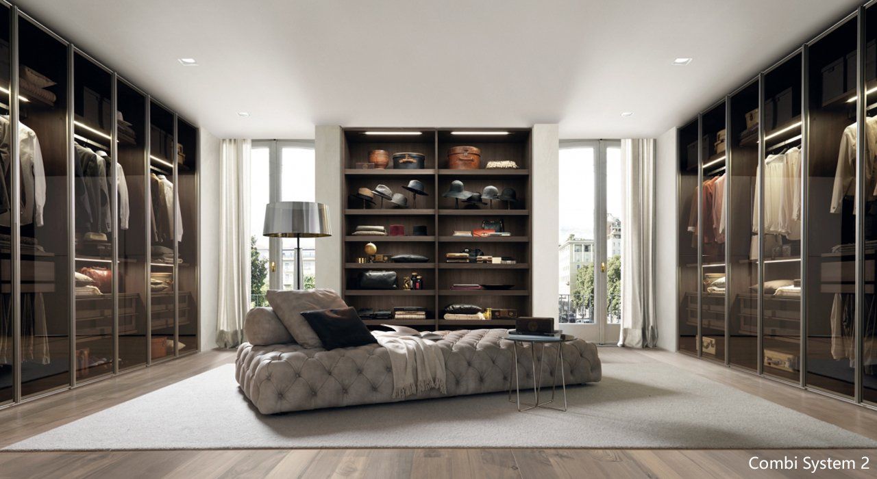 Combi System Wardrobe with Smoked Glass Doors and Open Closet with organizer
