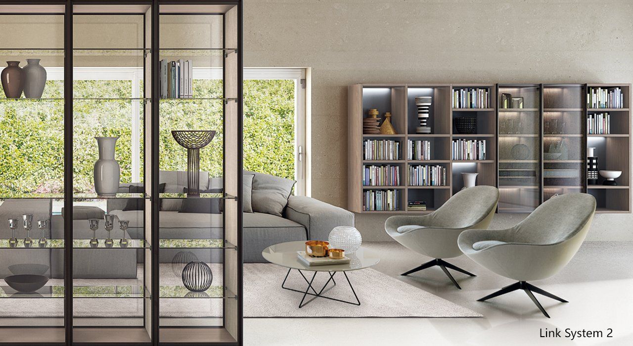 Zalf Wall Mounted Shelving System with Smoked Glass Doors in a designer living room. Available in a range of materials, combinations and finishes.
