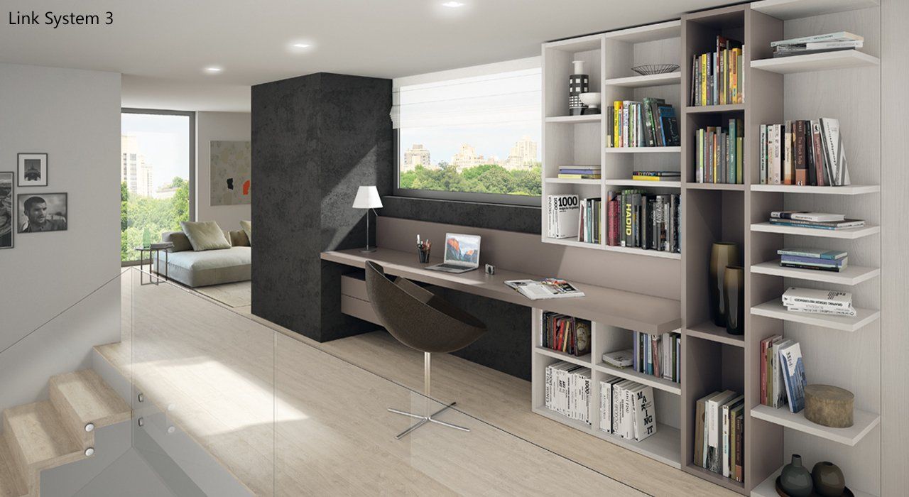 Zalf Contemporary Desk and Shelving System in Grey and White Lacquer with drawers in a designer hallway. This can be configured to many designs and finish options.