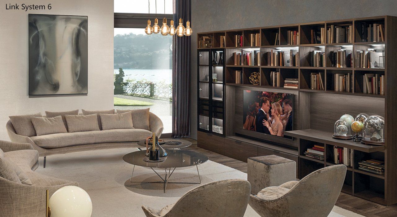 Zalf Contemporary TV Unit and Shelving System in Walnut Effect with flap unit, inbuilt desk and glass cabinet  in a designer living room. Other laminate and lacquer finish options available.