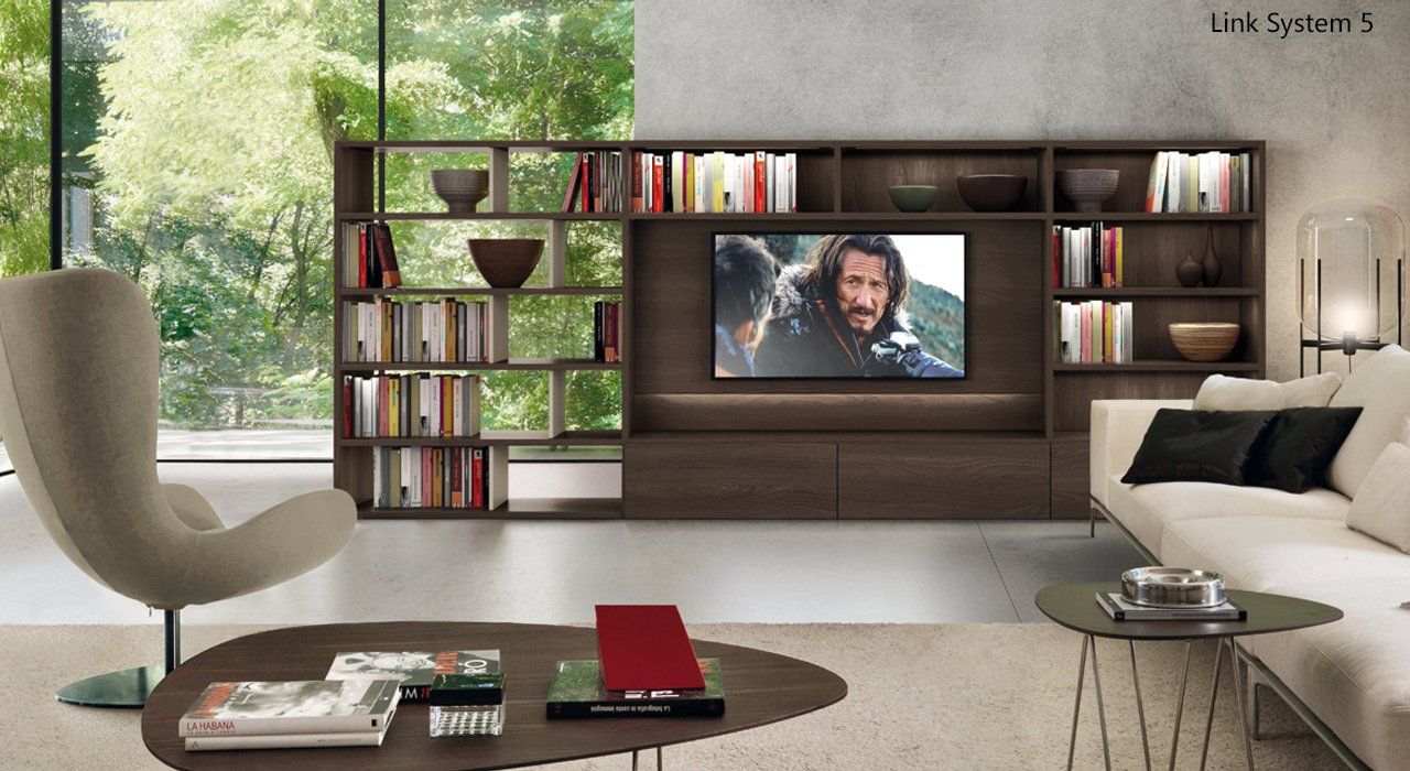 Zalf TV and Shelving Storage System in Walnut Effect with Flap Units in a designer living room. Other modular shelving and storage configurations available.
