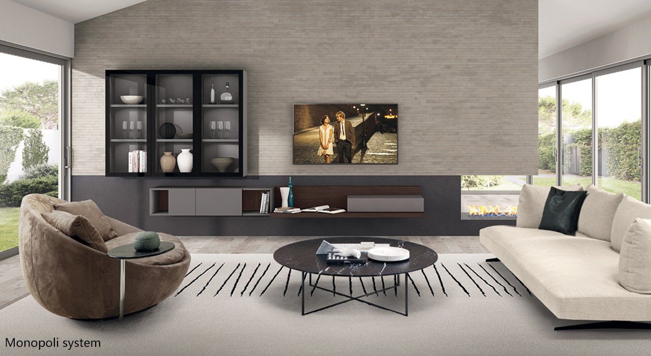 Zalf Wall Hanging TV Unit with Wall Hanging Glass Fronted Cabinet in Grey and Walnut in a designer living room. Many modular designs and finishes available.