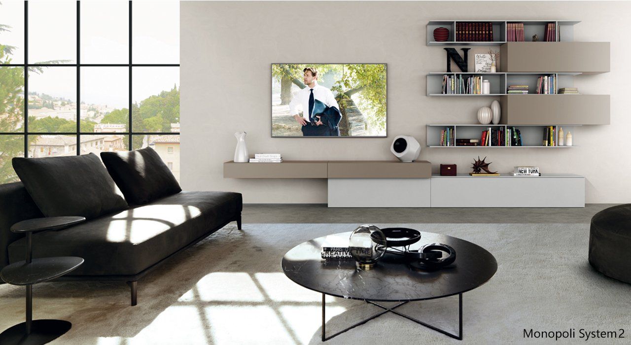 Zalf TV Storage and Shelving Unit  in Light Grey and Mushroom in a contemporary living room also perfect for apartment living spaces. Available in many finishes and designs.