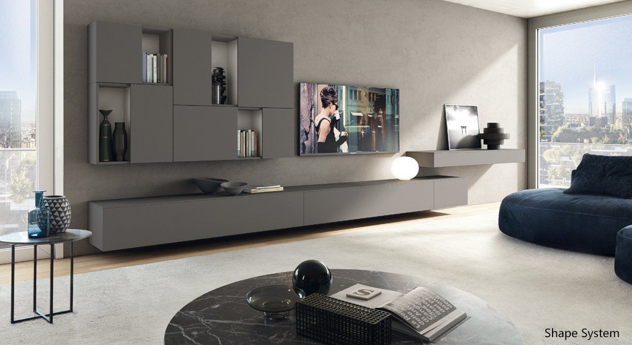 Zalf Wall Hanging Handle-less TV Storage Combination with cupboard in a contemporary interior. Modular storage system available in a range of finishes and designs.
