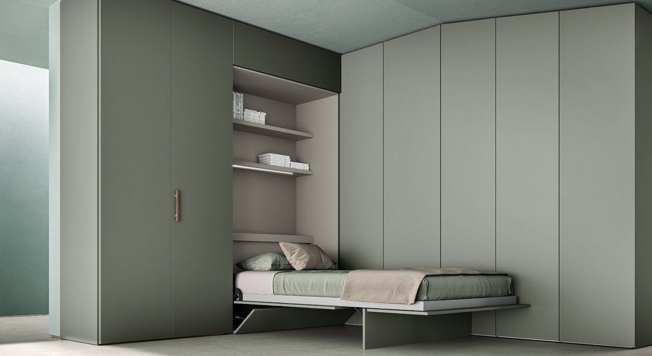 Zalf Wardrobe System with in built double bed. Available in many lacquer and wood finishes.