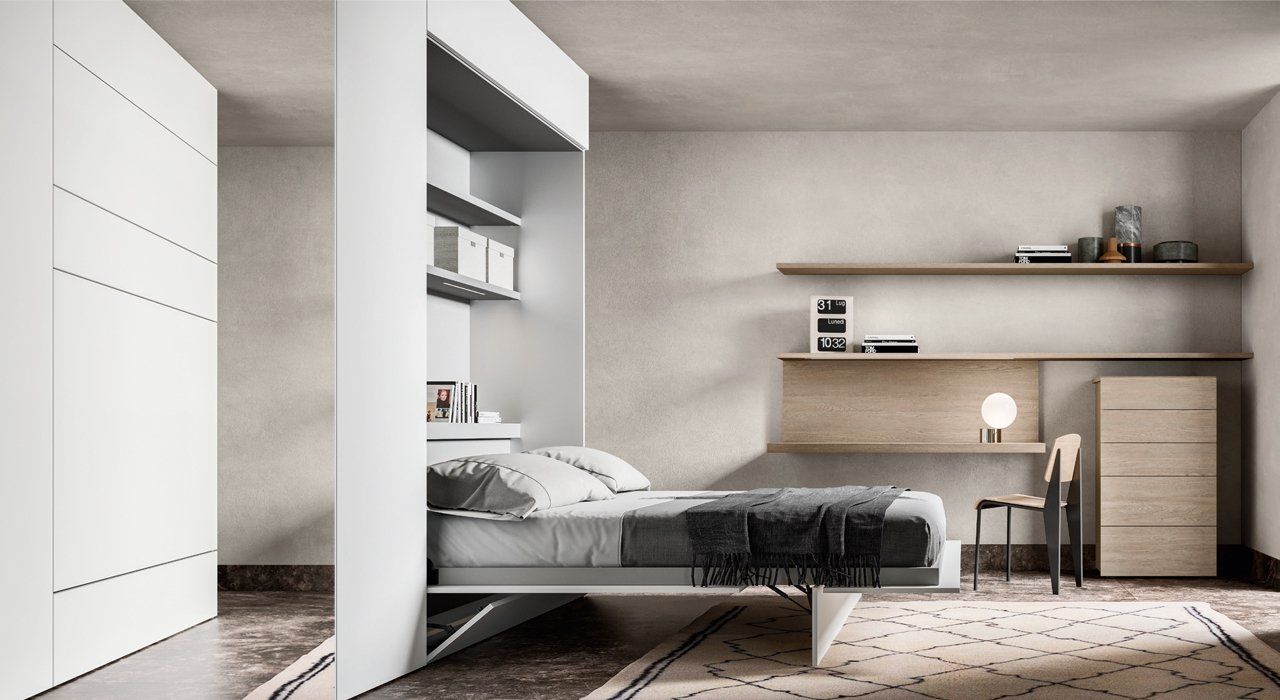 Home Office and Bedroom Storage Solution with In Built Bed in White Lacquer and Wood. Available in many lacquer and wood finishes.