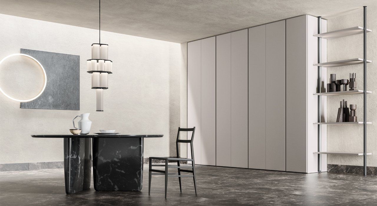 Wardrobe Storage System in White Lacquer with Open Shelving