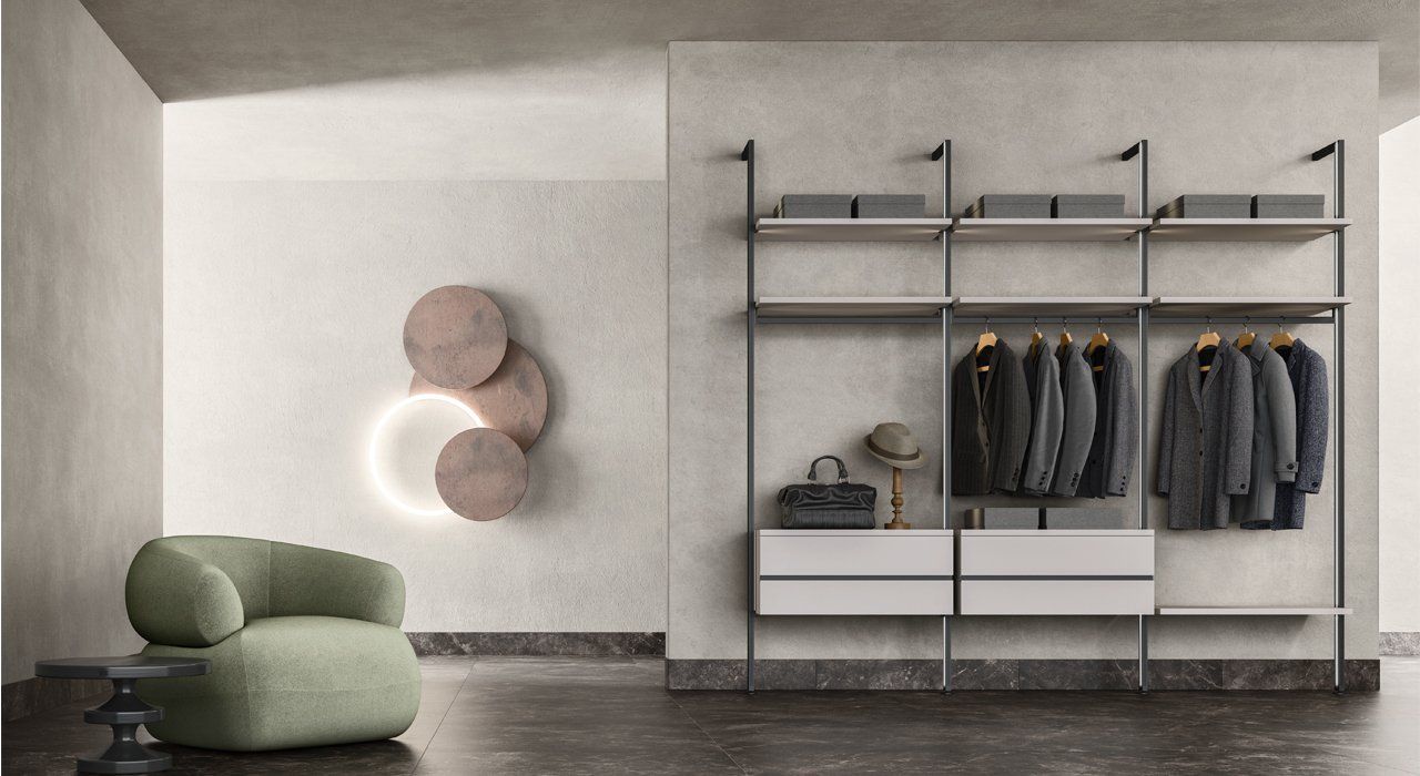 Zalf Windy Open Wardrobe System with Drawers. Available in Lacquers, Glass and Wood finishes in a bedroom.