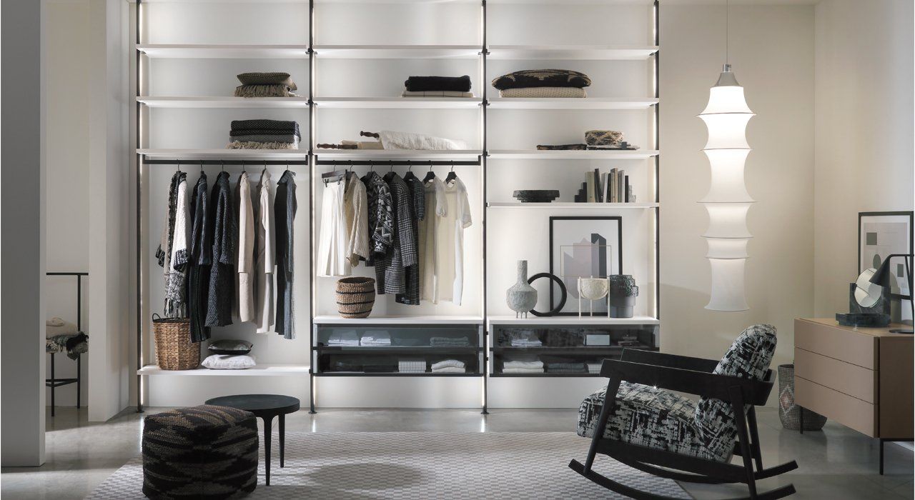 Zalf Open Wardrobe System with Drawers and Shelves. Available in lacquers, wood finishes and smoked glass.