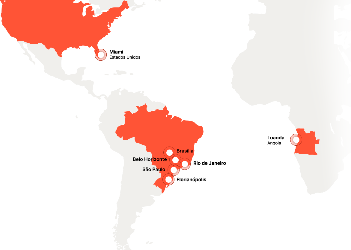 Mapa de atuação do Grupo TechBiz: Miami, Belo Horizonte, Brasília, São Paulo, Rio de Janeiro, Florianópolis e Luanda.