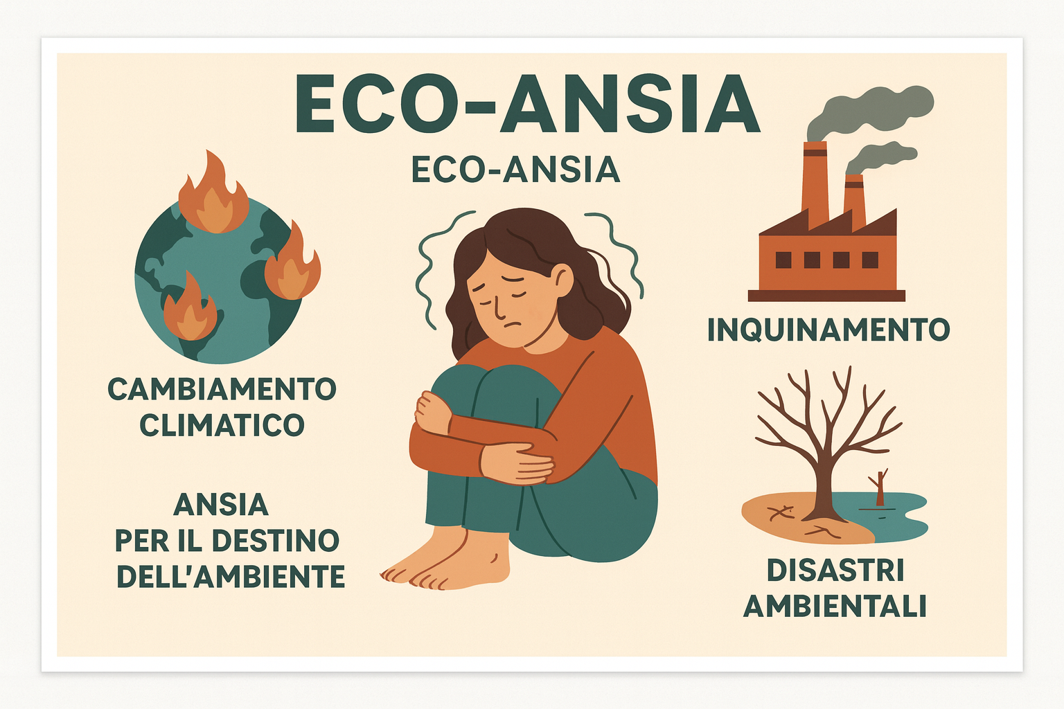 Persona ansiosa circondata da simboli di cambiamento climatico, inquinamento e disastri ambientali.