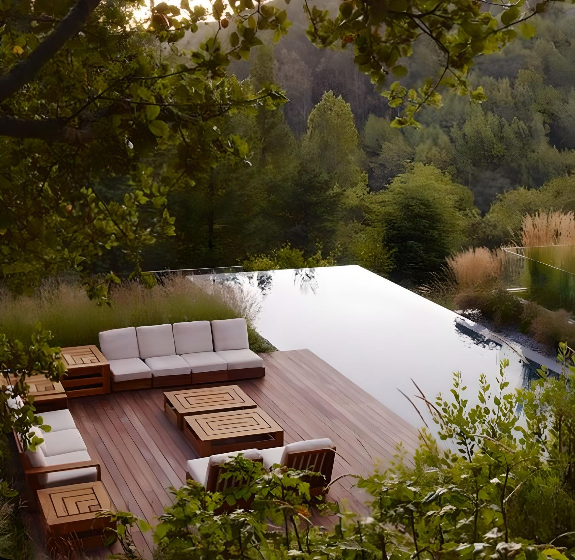 a wooden deck with furniture and a swimming pool in the background