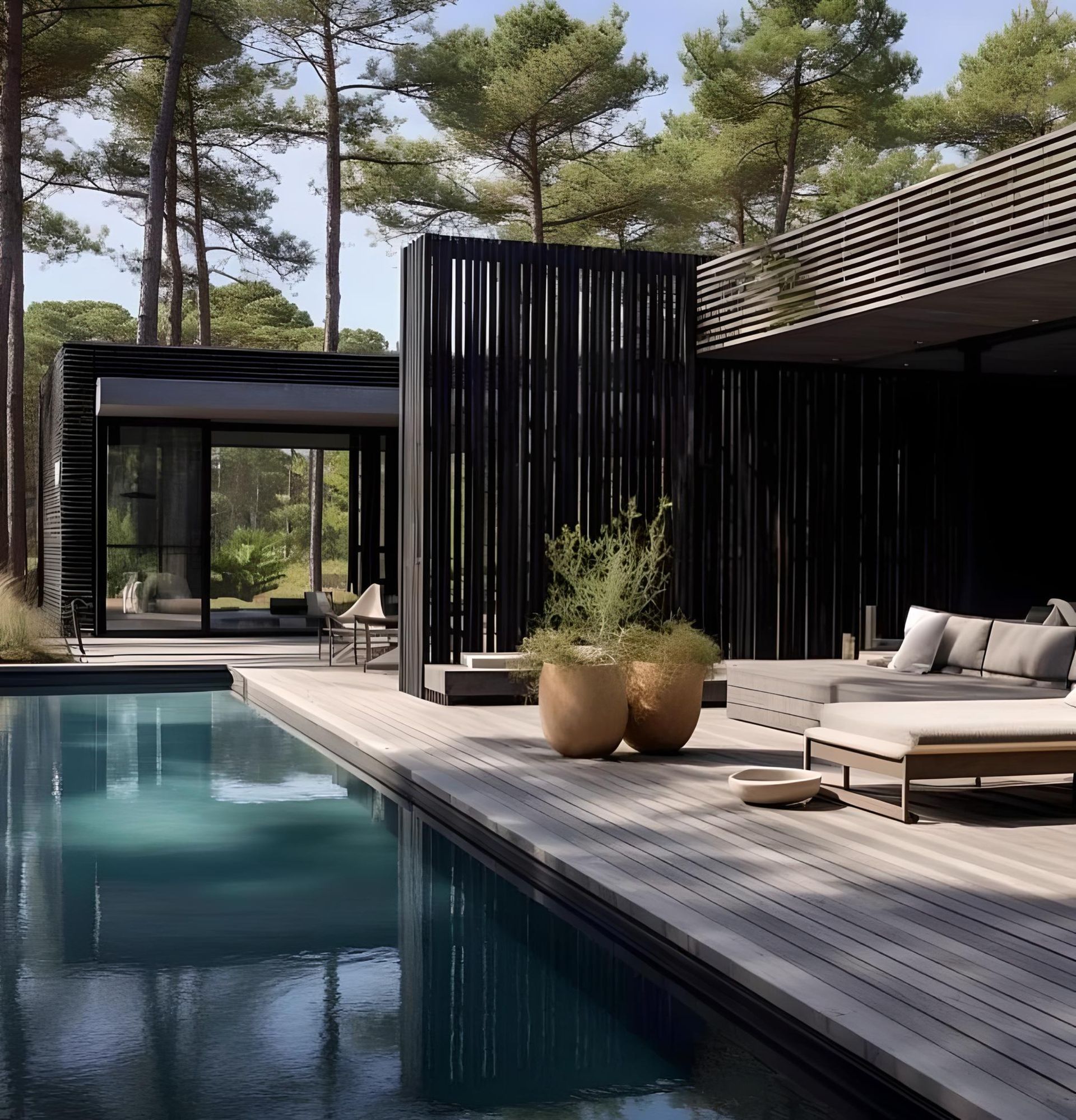 a house with a swimming pool in front of it