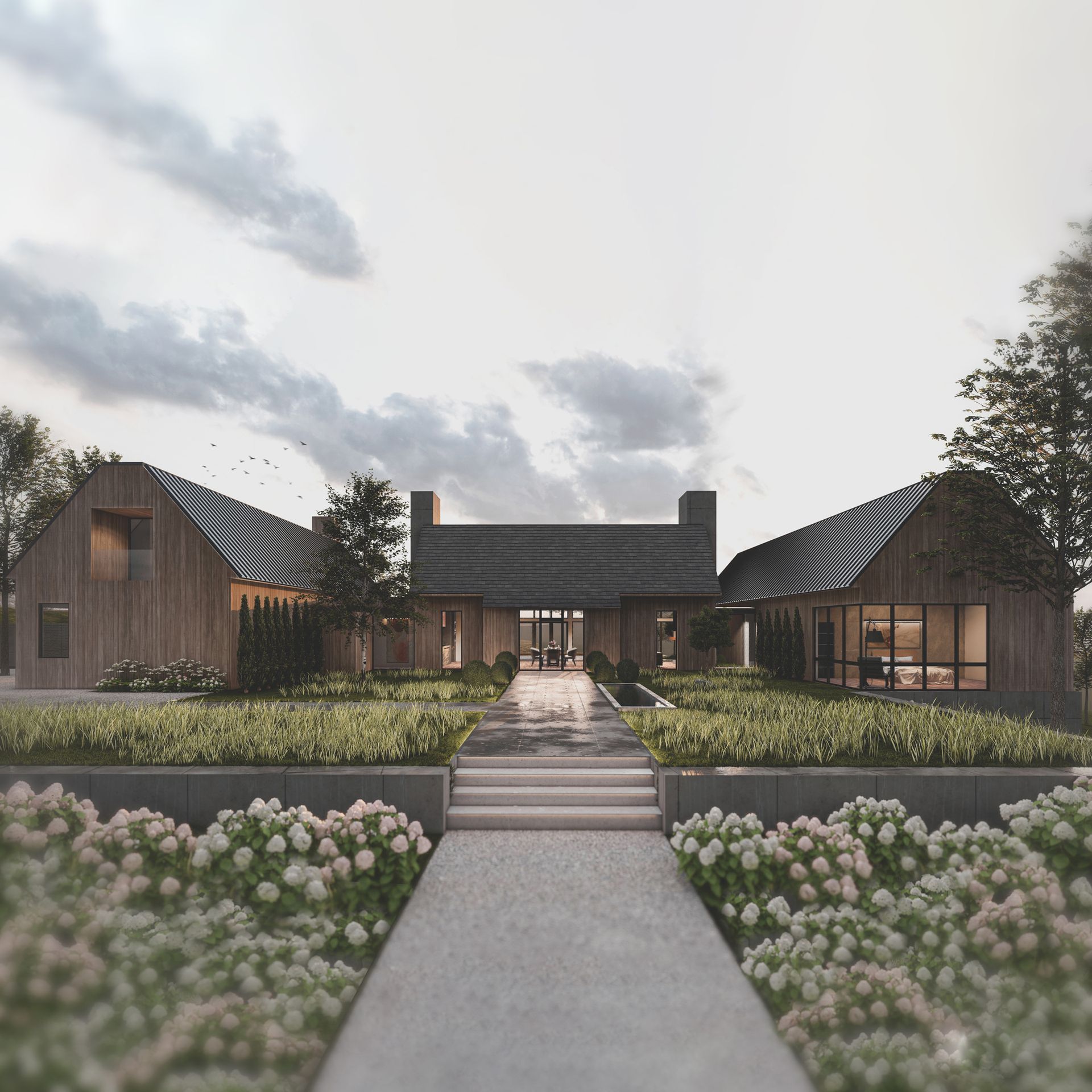 Sarids model house with windows and trees in front of it