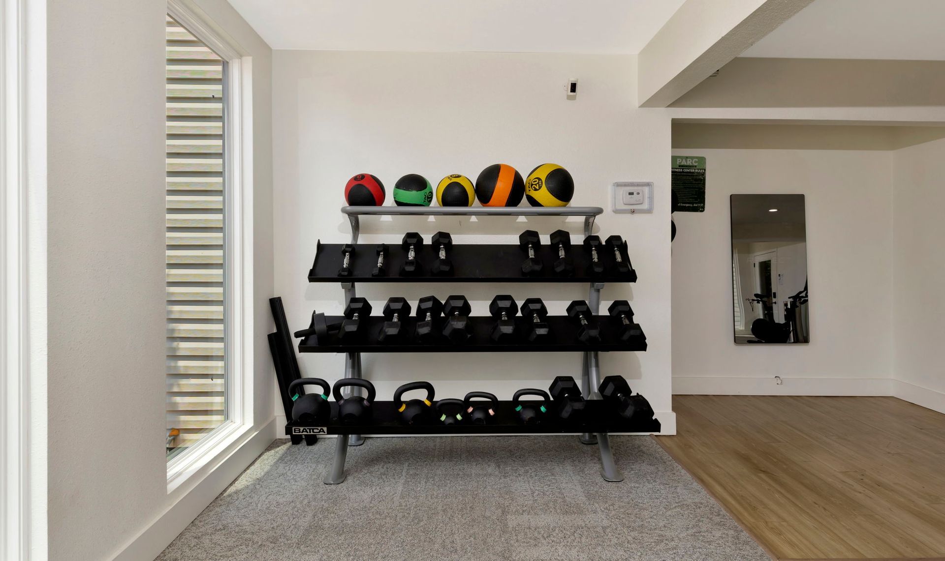 A home gym with weights on a rack. Various sizes of kettlebells, medicine balls, and black weights against a white wall and carpet floor.