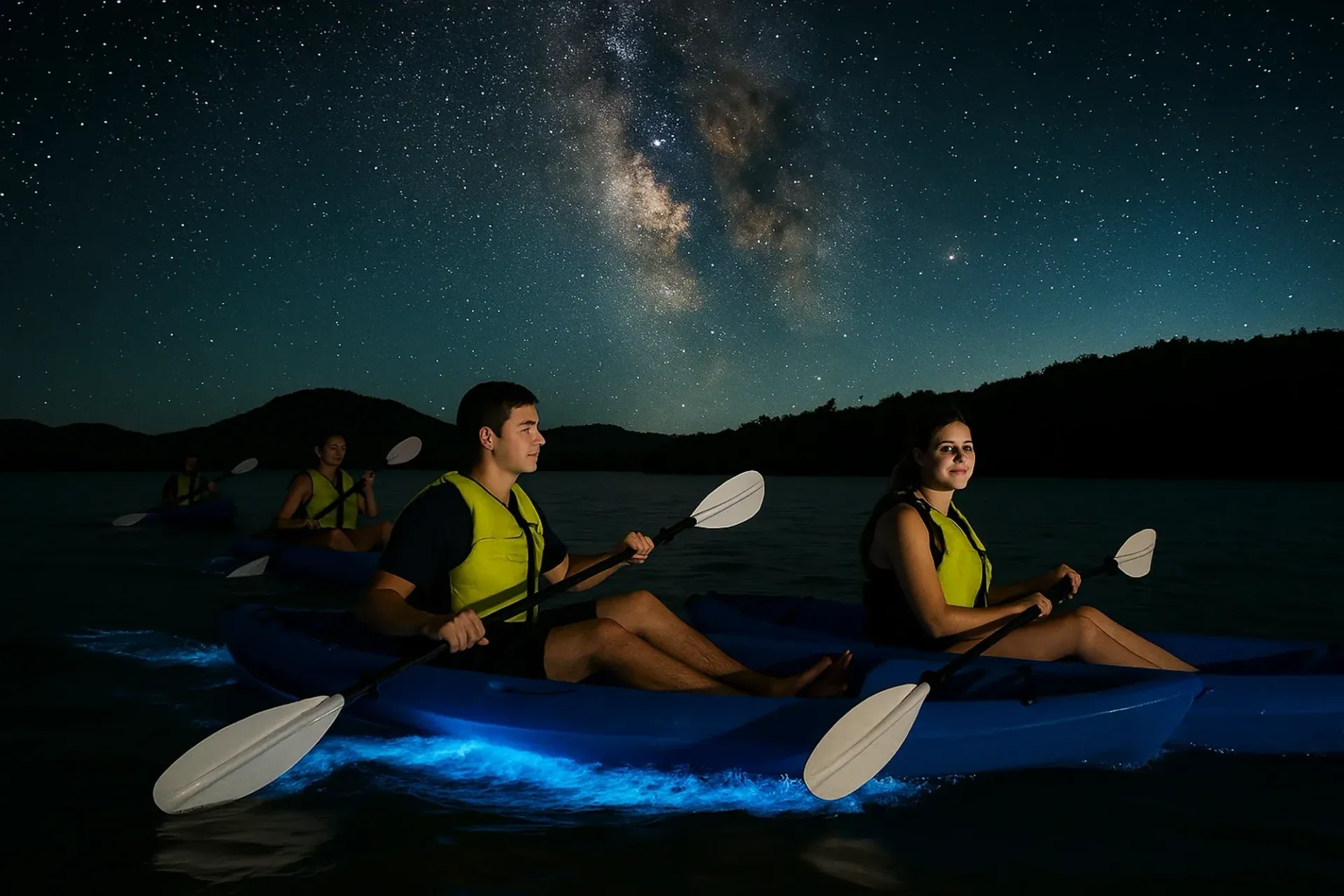 Kayakers paddling blue-lit water under a starry night sky and Milky Way