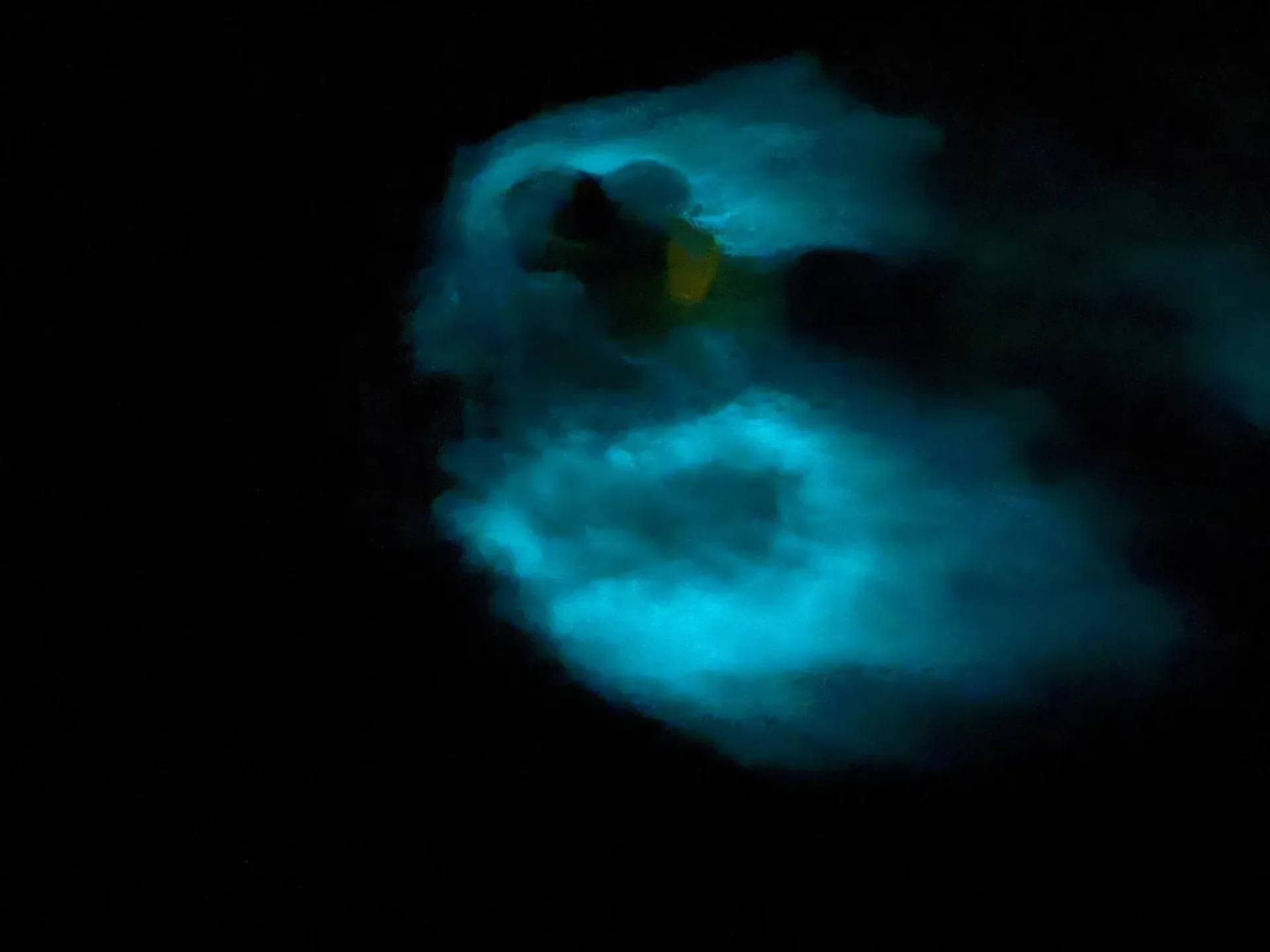 Glowing blue fish-like shape in a dark background, with a small yellow eye.