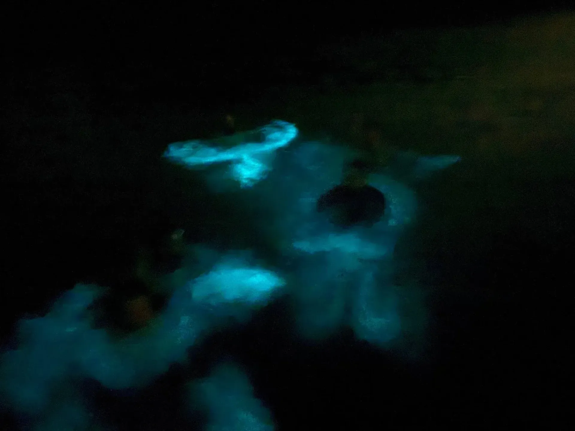 Dark scene with two glowing blue figures near a bright cyan object in water