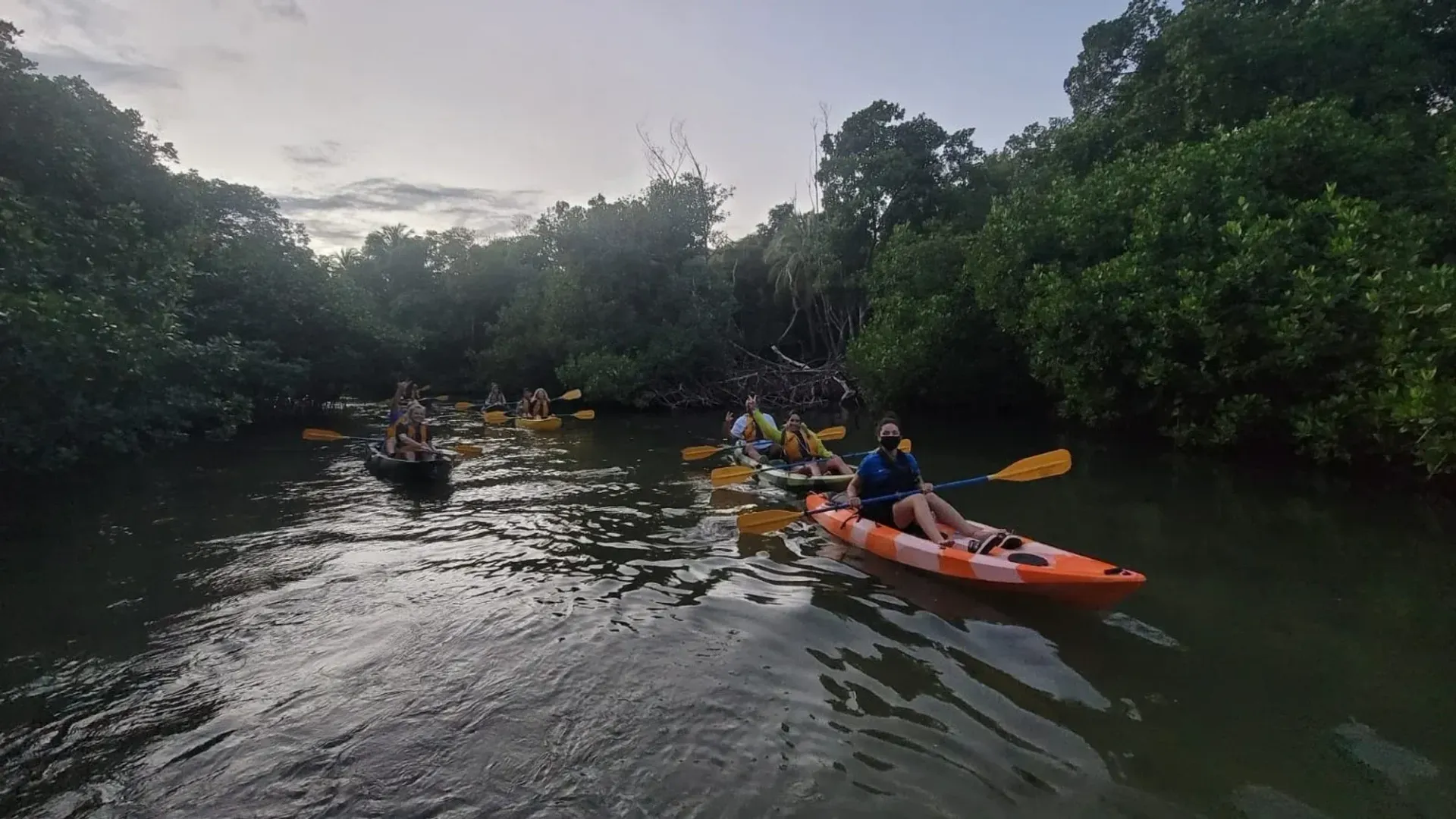 Kayakers paddling orange boats through a calm mangrove river at dusk