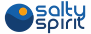 Salty Spirit logo with blue circular wave icon and orange dot beside navy text on white background