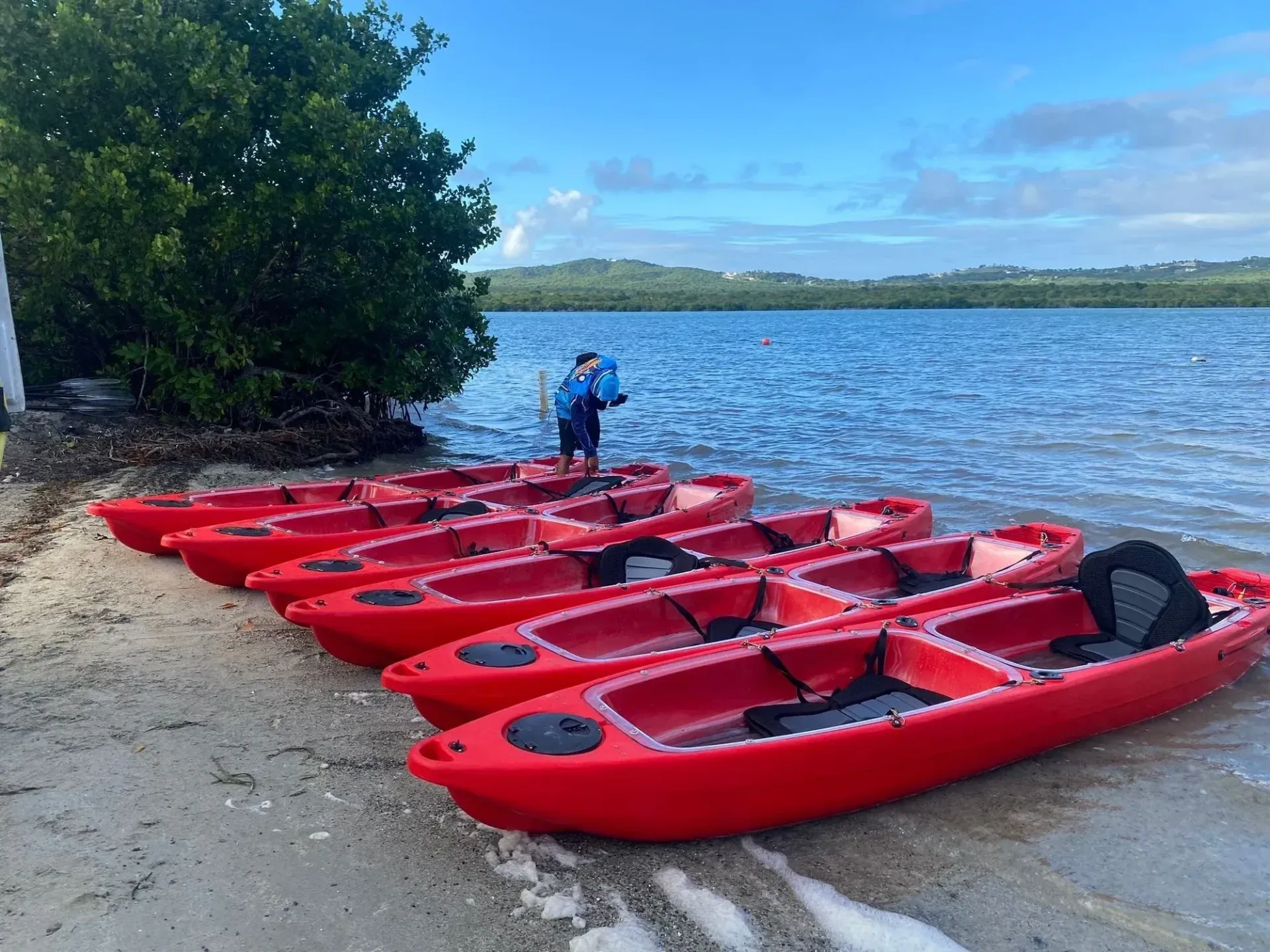 Red canoes lined up on a sandy shore beside a lake, with two people near the water.