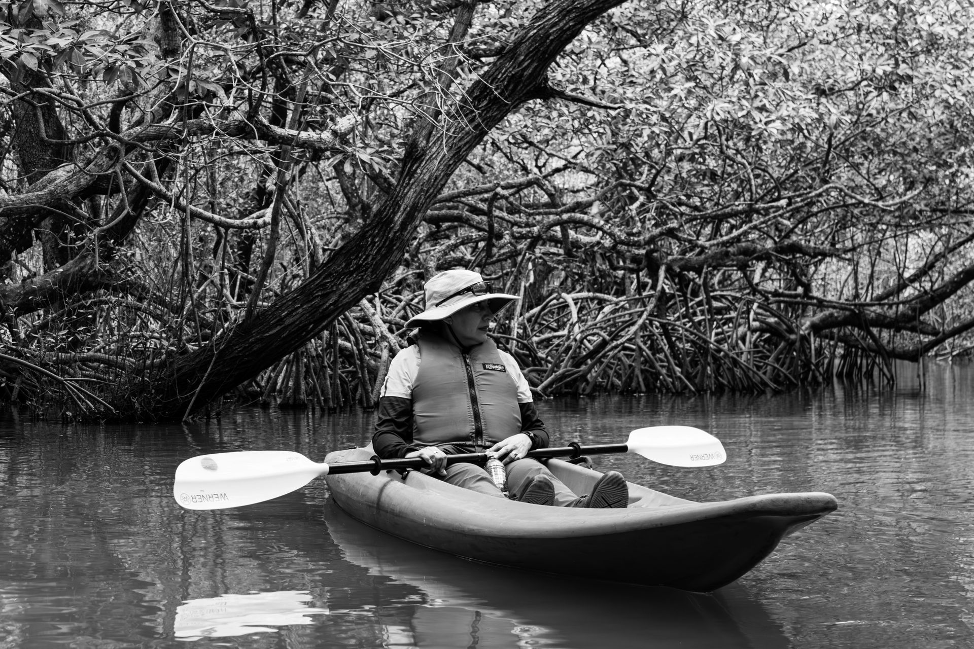 Person kayaking on a calm river beneath overhanging tree branches, with white containers floating nearby.