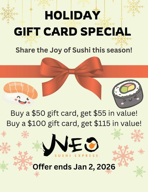 Neo Sushi Express Holiday gift card special deal