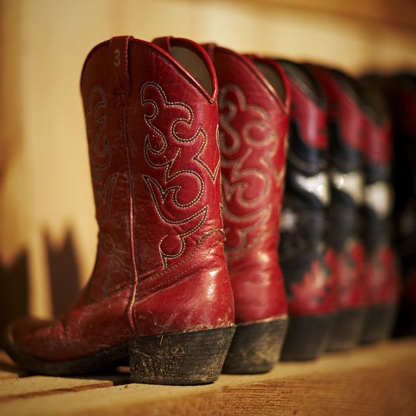 Una fila de botas de vaquero rojas están alineadas en un estante