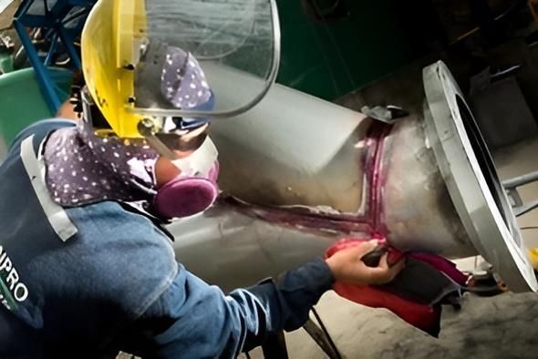 A Man Wearing A Welding Mask Is Working On A Pipe — LJ's Technical Services In Burdell, QLD