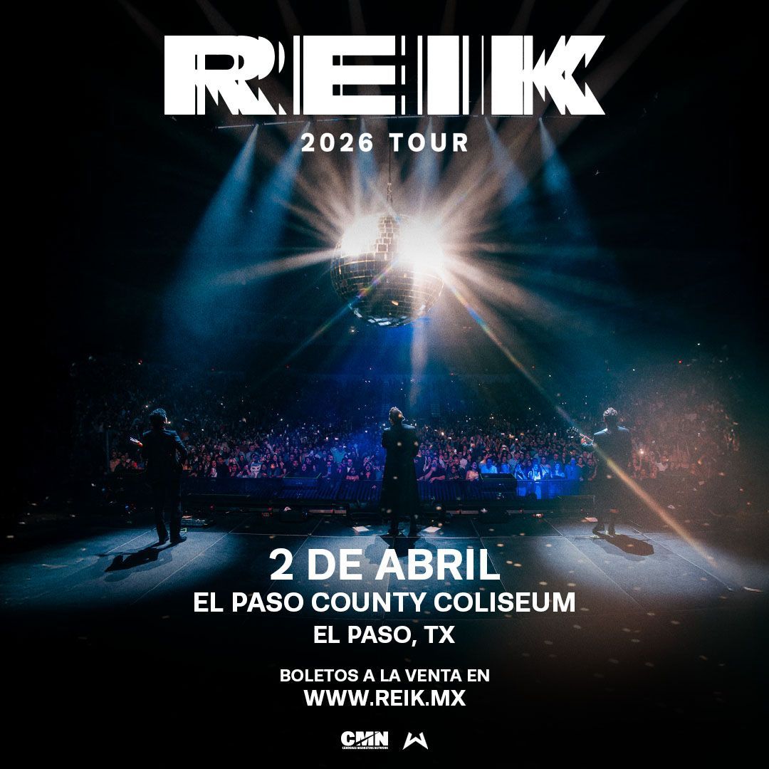 REIK 2026 tour poster: April 2 at El Paso County Coliseum, El Paso, TX. Text on a stage with band silhouettes.