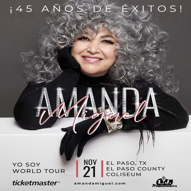 Amanda Miguel concert poster: artist with silver hair, black outfit. Tour in El Paso, TX, November 21.