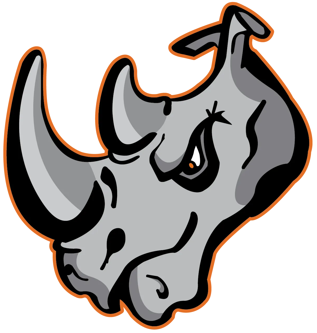 Grey rhino head with orange outline; angry expression.