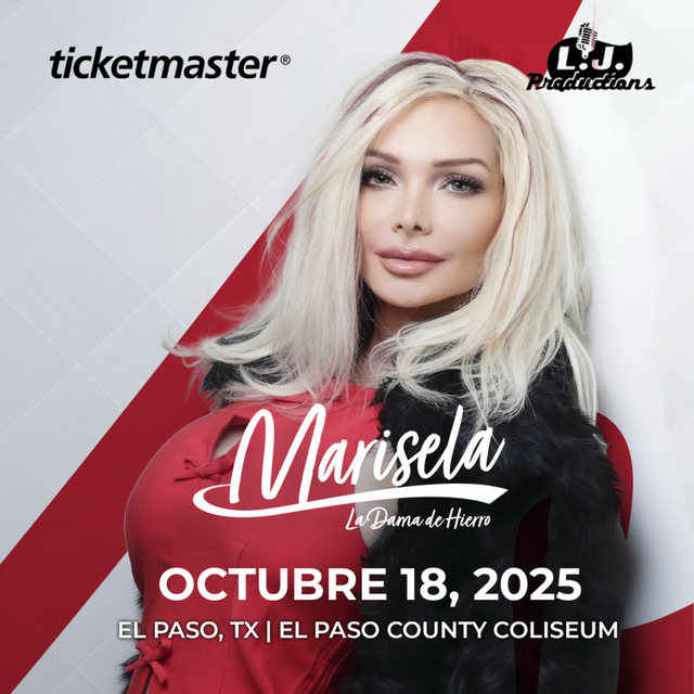 Concert promotion poster of Marisela. Blond woman in red outfit, October 18, 2025, El Paso, TX, County Coliseum.